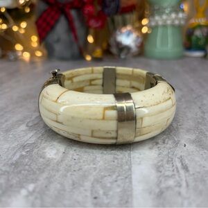 Antique Bone Bracelet Bangle Hinged Chunky Thick East Indian Jewelry Heavy Glows